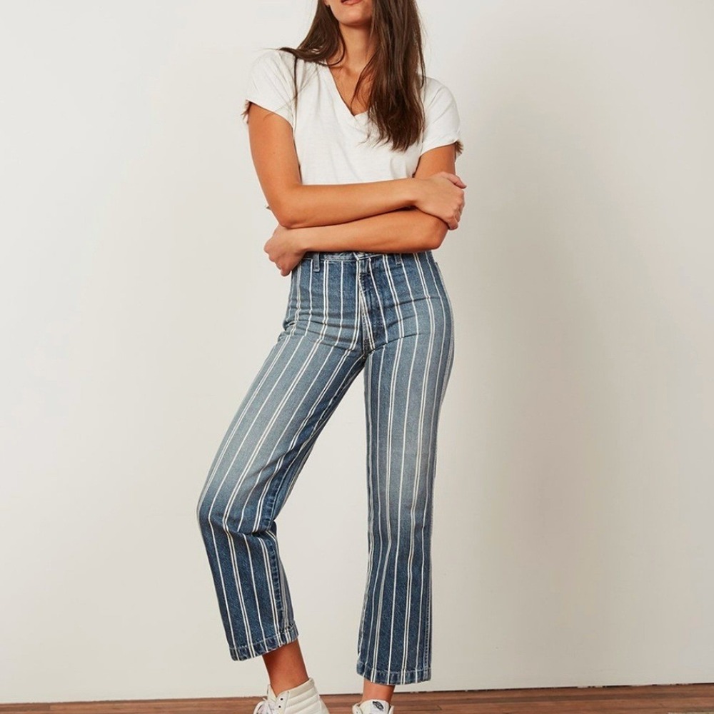 Boyish Kirby Jeans Blue White Stripe High Rise Cropped Psycho Wash Women 28